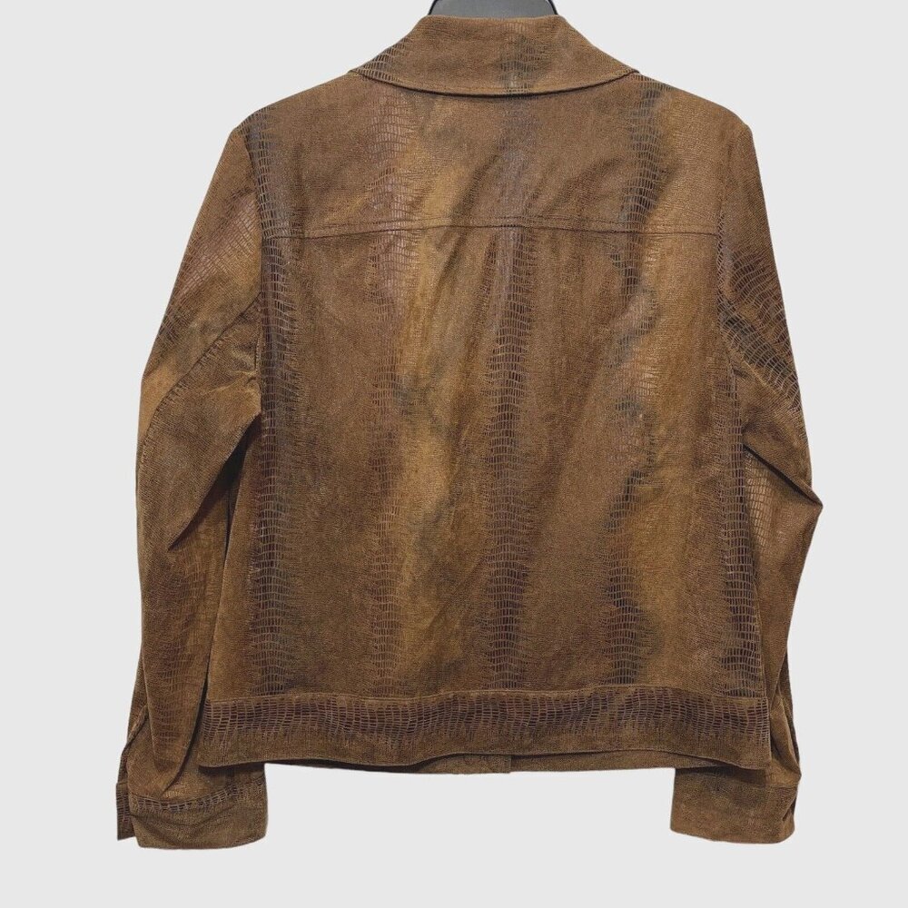 BIRCH HILL Snakeskin Moto Trucker Jacket Women Medium Brown Multi Faux‎ Suede - Picture 6 of 14